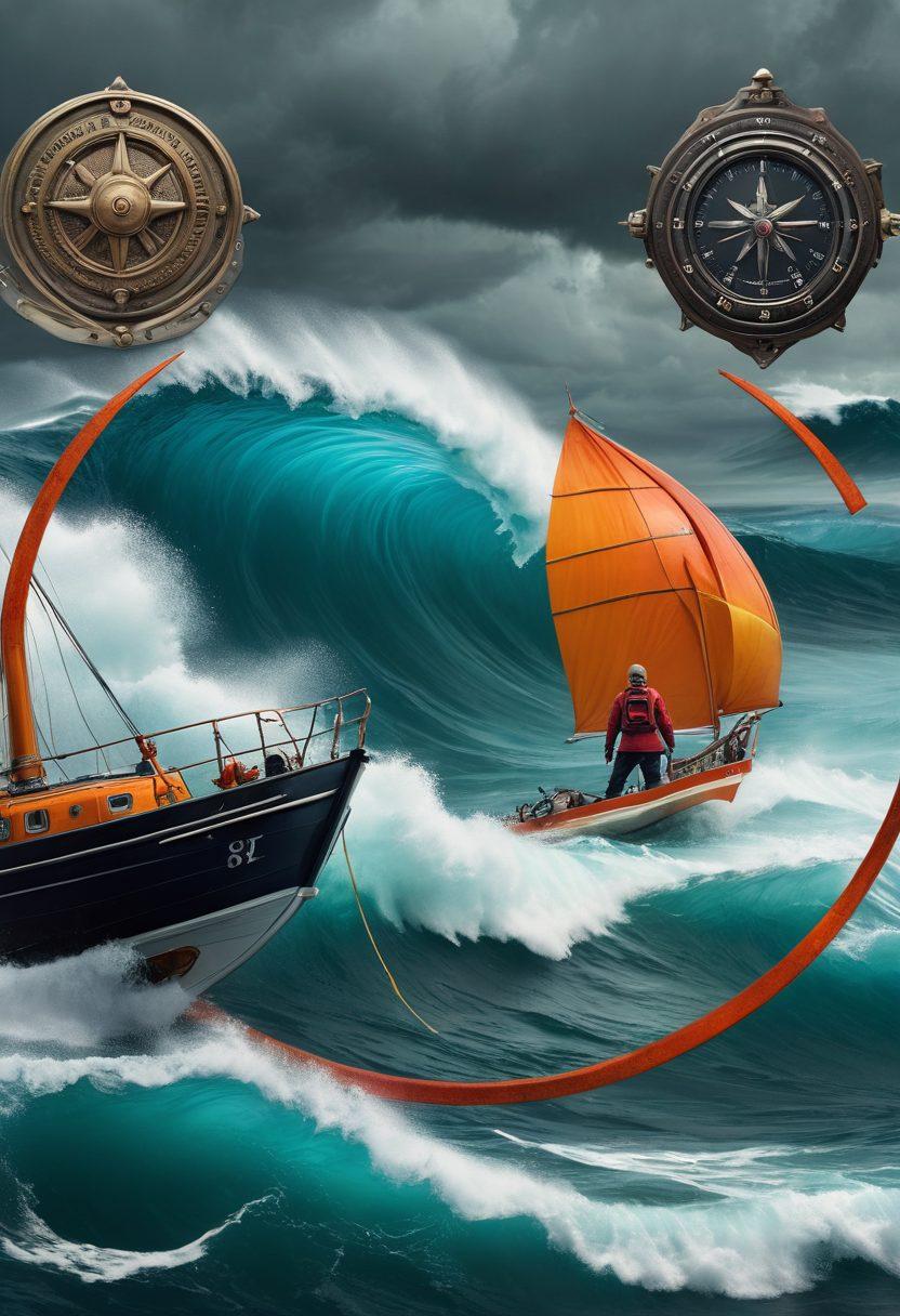 A collage depicting a stormy ocean with a sailor navigating perilous waves, juxtaposed with a vibrant film set showcasing a film crew capturing moments, symbolizing media and marine insurance. In the background, a shield icon represents protection, while adventurous elements like a compass and a camera intertwine. The overall atmosphere is dynamic and inspiring, capturing the essence of adventure and safety. super-realistic. vibrant colors. 3D.