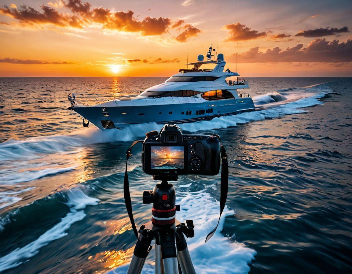 A scenic view of a luxurious yacht gliding over shimmering blue waters, with a vibrant sunset reflecting on the waves. In the foreground, a professional camera is set up on a tripod, capturing the beauty of the moment, showcasing the blend of adventure and artistry. Add subtle elements of insurance icons (like a shield or a checkmark) integrated into the ocean waves, symbolizing protection. super-realistic. vibrant colors. dramatic lighting.