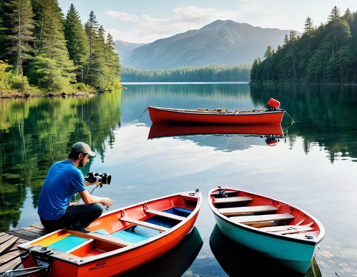 A creative split image featuring a serene lake scene with a vibrant boat and a filmmaker adjusting a camera on the shore, showing elements of film production like clapperboards and reels. Include insurance symbols subtly integrated into the scene, like lifebuoys or shields. Bright colors and a tranquil atmosphere evoke a sense of adventure and safety. super-realistic. vibrant colors. white background.